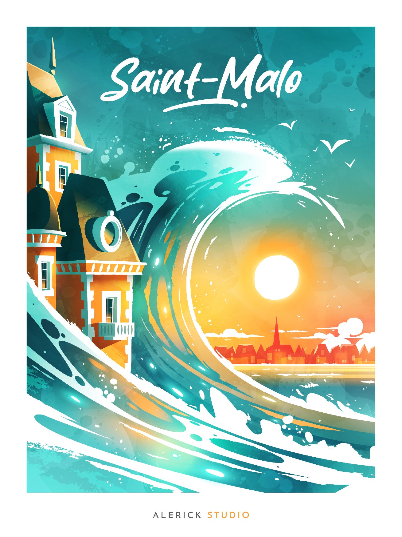 Cette affiche dynamique de Saint-Malo capture la puissance maritime de la côte bretonne avec une impressionnante vague turquoise qui déferle devant l'architecture historique de la cité corsaire. Le design moderne mélange les tons verts océaniques aux couleurs chaudes du coucher de soleil, créant un contraste saisissant entre la force de la nature et le patrimoine architectural. Cette création d'Alerick Studio offre une vision contemporaine et énergique de Saint-Malo, parfaite pour une déco murale moderne.