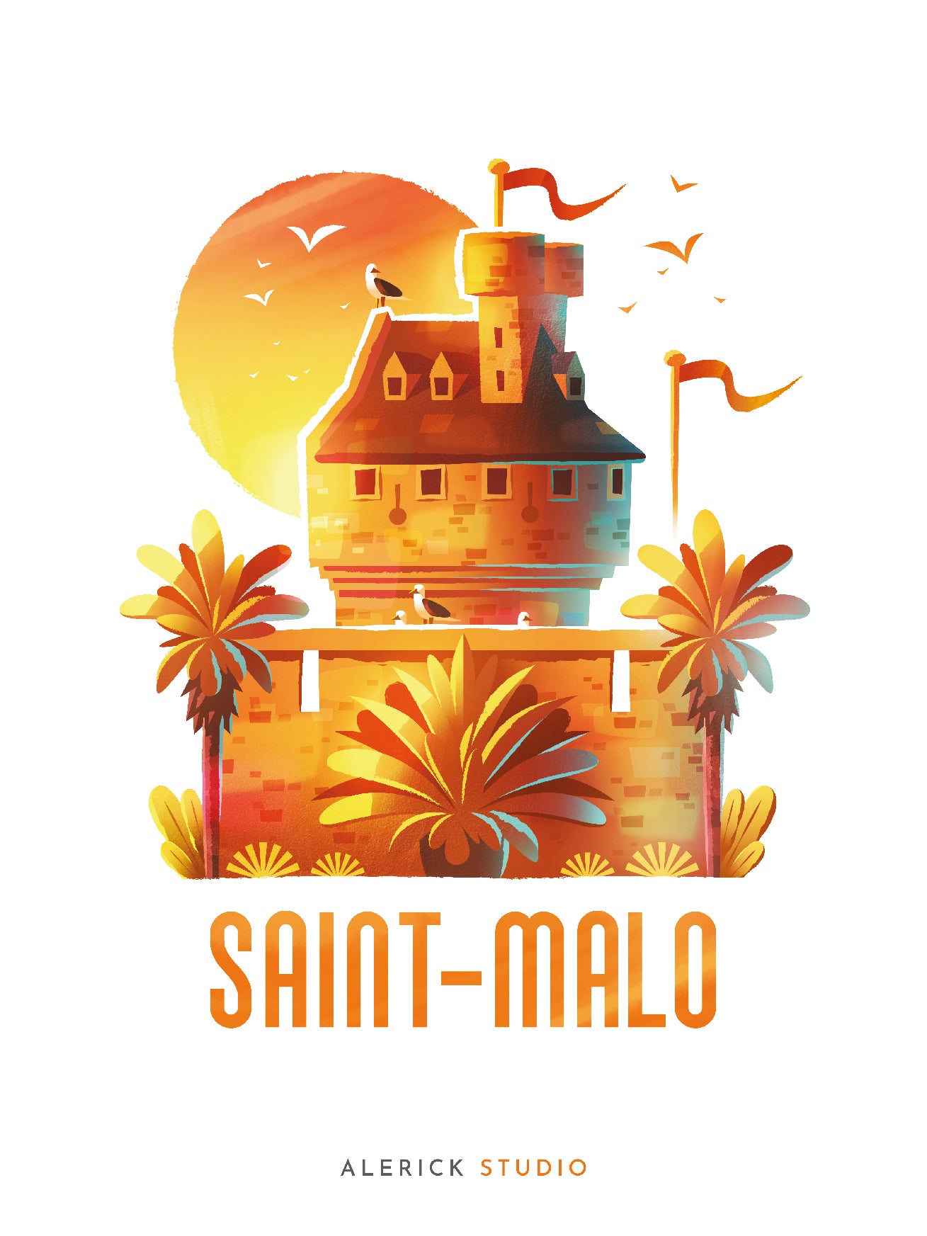 Cette affiche vintage de Saint-Malo illustre la cité corsaire avec ses remparts et tours historiques dans des tons chauds d'orange et jaune. Le style présente l'architecture fortifiée sous un soleil couchant, agrémentée de palmiers stylisés et de mouettes en vol.
Une création d'Alerick Studio qui capture l'essence maritime de cette destination bretonne emblématique dans un design décoratif moderne.