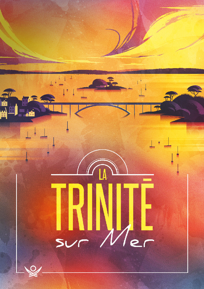 Illustration artistique de La Trinité-sur-Mer avec un paysage côtier stylisé aux couleurs chaudes, montrant le pont de Kerisper, le village et les bateaux dans un style graphique moderne dégradé rose-jaune.
