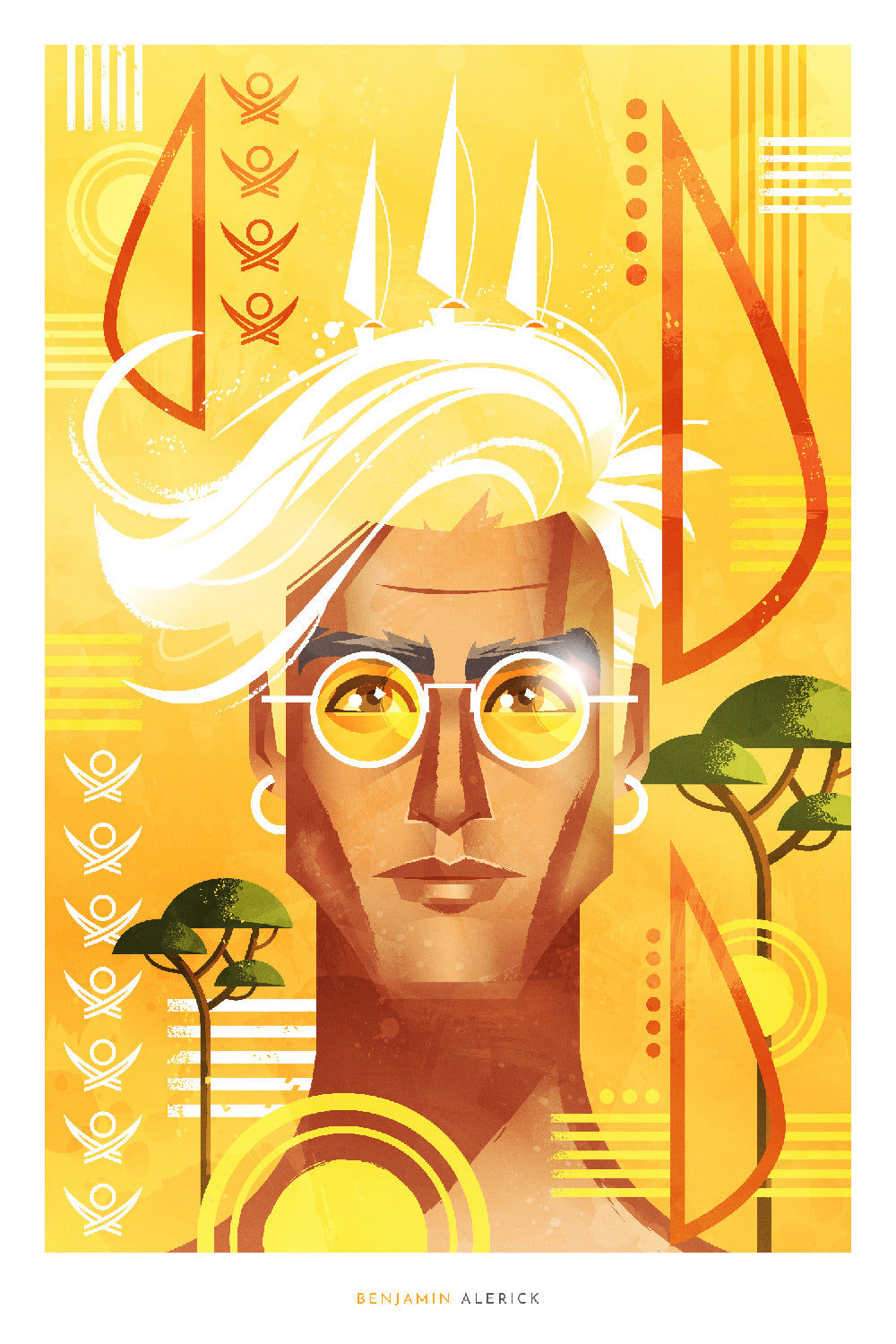 Portrait artistique stylisé d’un homme aux cheveux blond et lunettes rondes jaunes dans un style Art déco. Composition aux tons dorés et orangés avec éléments géométriques décoratifs, végétation et motifs graphiques. Illustration moderne signée Benjamin Alerick mêlant influences contemporaines et esthétique vintage.
