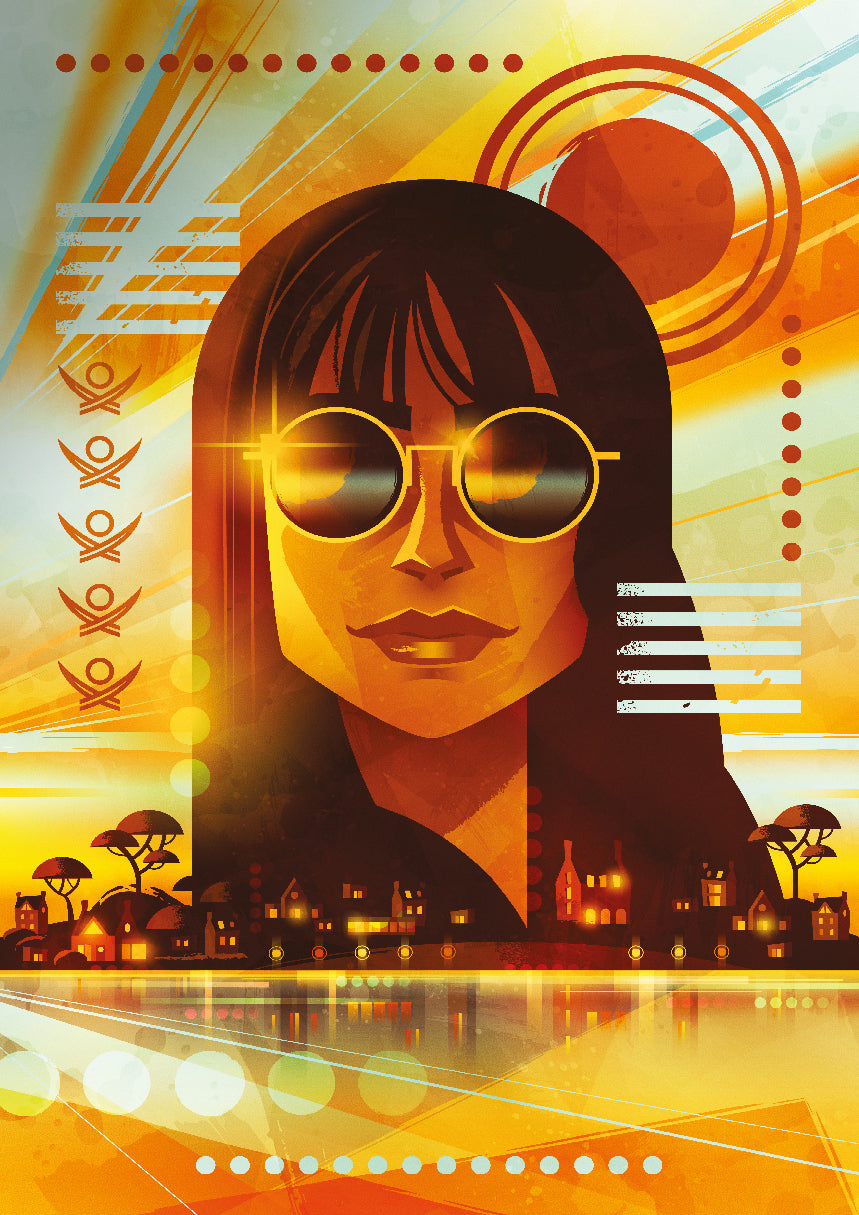 Illustration artistique stylisée d’une femme aux lunettes dorées dans un style rétro-futuriste. Portrait aux tons chauds orange et rouge avec arrière-plan géométrique coloré, silhouette urbaine et esthétique pop art années 70-80. Composition vibrante mêlant éléments modernes et ambiance nostalgique.