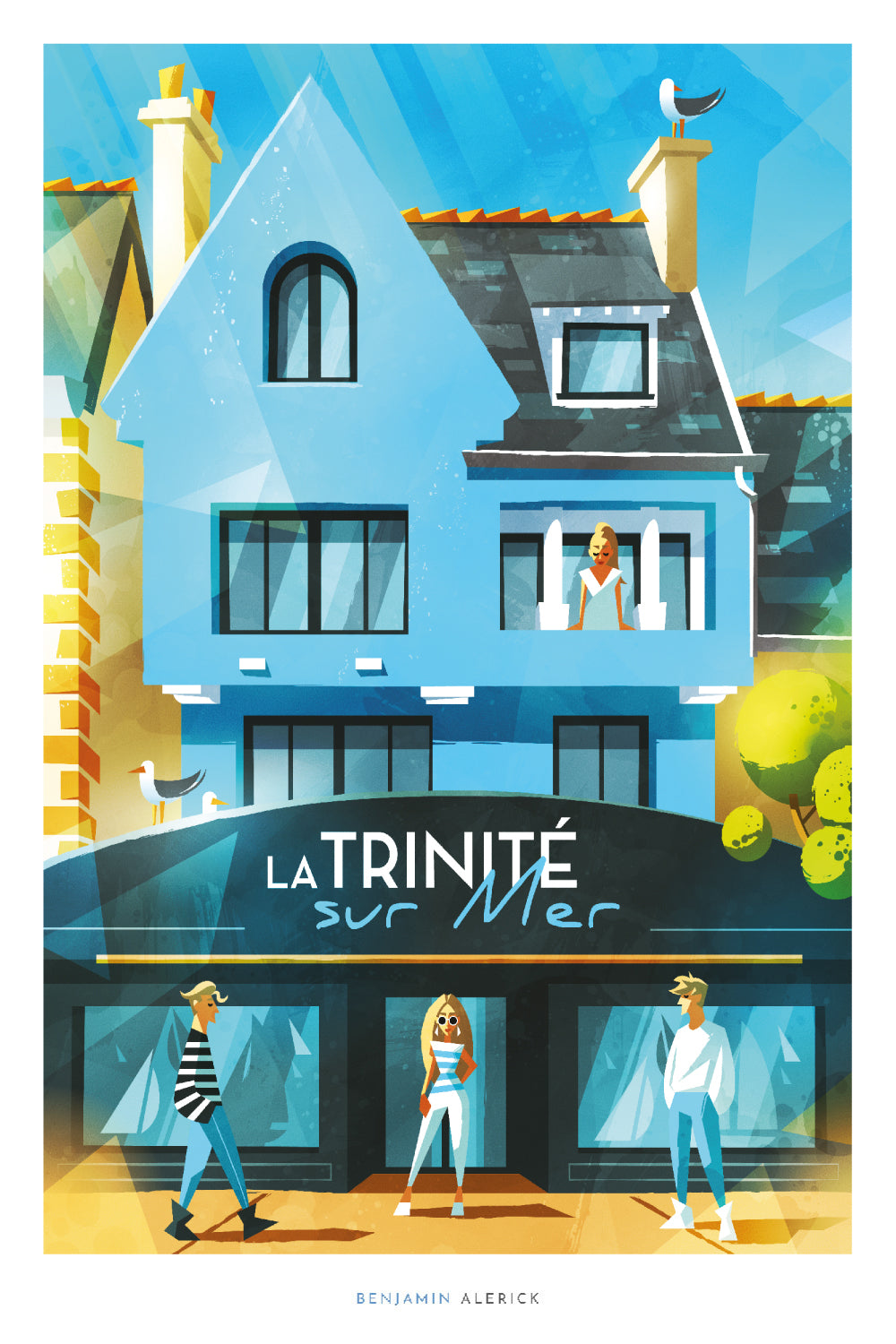 Illustration colorée d’une maison bleue de bord de mer à La Trinité sur Mer. Scène côtière bretonne stylisée avec personnages devant la maison, architecture typique aux tons bleus et turquoise, signée Benjamin Alerick. Style artistique moderne représentant l’ambiance maritime bretonne.
