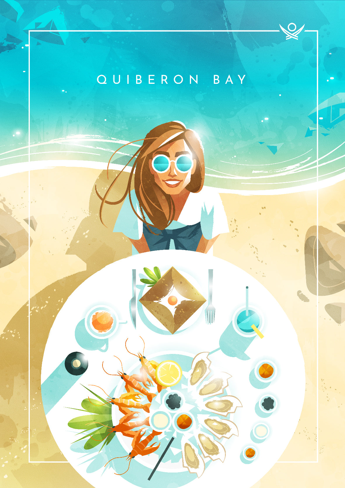 Illustration montrant une femme en lunettes de soleil profitant d’un pique-nique sur la plage, avec fruits de mer et galette bretonne, disposés sur une nappe face aux eaux turquoise de la baie de Quiberon.