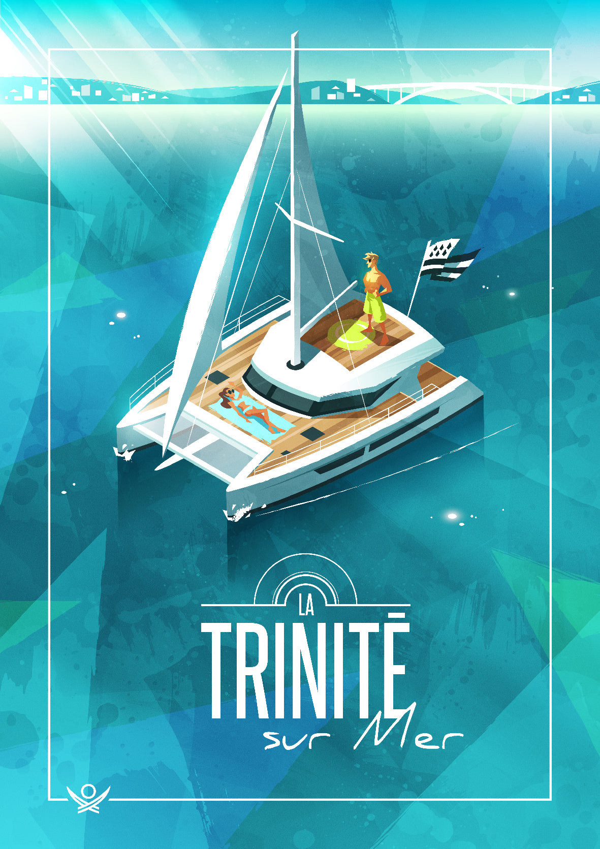 Illustration de La Trinité-sur-Mer montrant un catamaran de luxe naviguant sur les eaux turquoise avec des passagers à bord, dans un style graphique moderne aux tons bleus-verts. Au loin, le pont de Kerisper et les habitations.