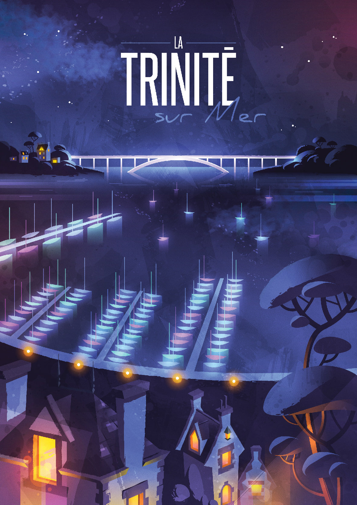 Illustration nocturne de La Trinité-sur-Mer avec le port de plaisance illuminé, le pont et les maisons du village sous un ciel étoilé aux teintes violettes et bleues, dans un style graphique moderne.