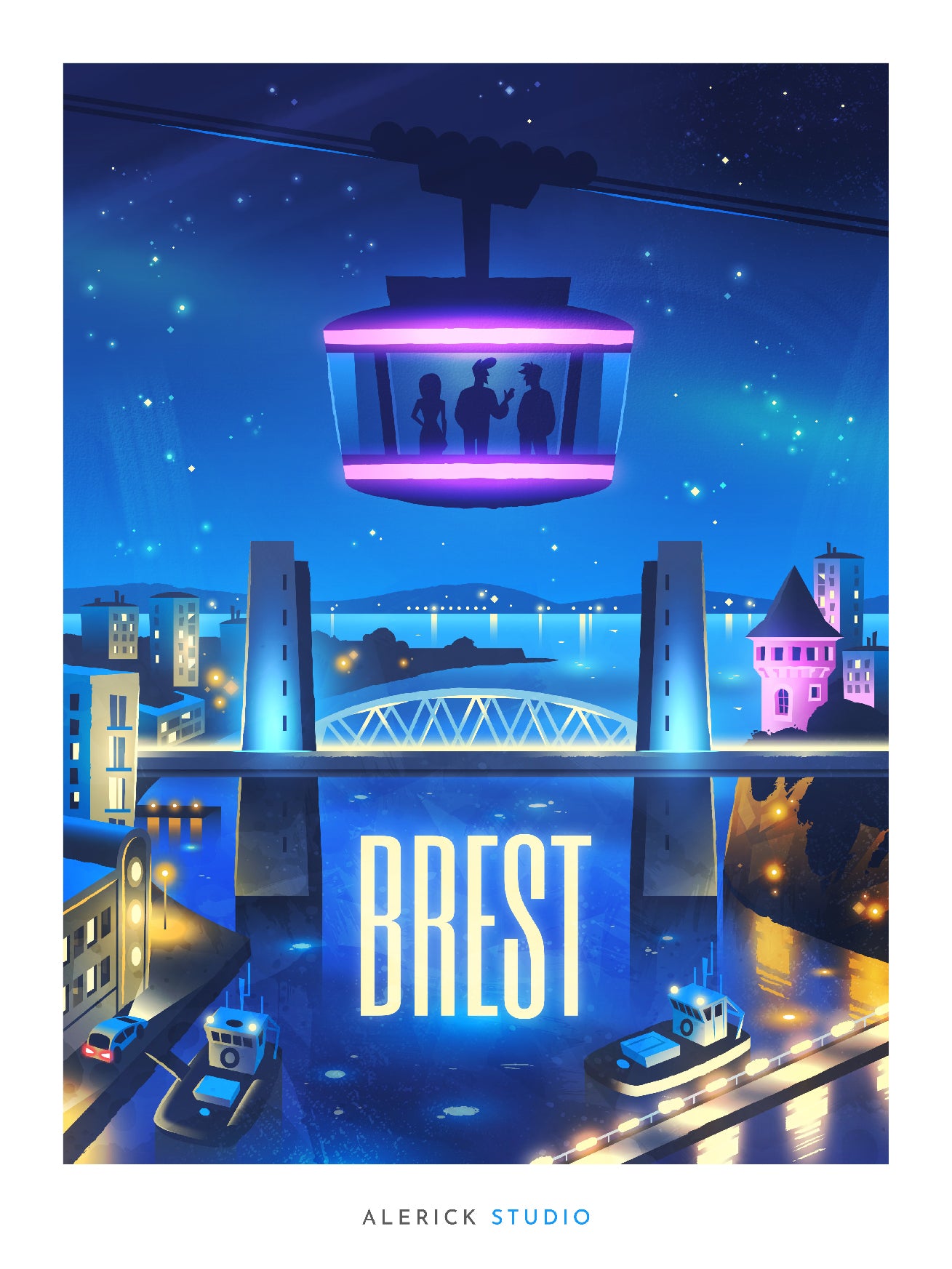 Cette affiche de Brest présente une vision nocturne spectaculaire de la ville portuaire. L'illustration met en scène le célèbre pont de Recouvrance et l'architecture brestoise baignés dans des tons bleus électriques et violets de la nuit tombante, avec le téléphérique illuminé de rose dans le ciel étoilé. Cette création d'Alerick Studio transforme le patrimoine maritime breton en paysage féérique accueillant, créant une œuvre originale décorative qui mélange tradition bretonne et modernité.