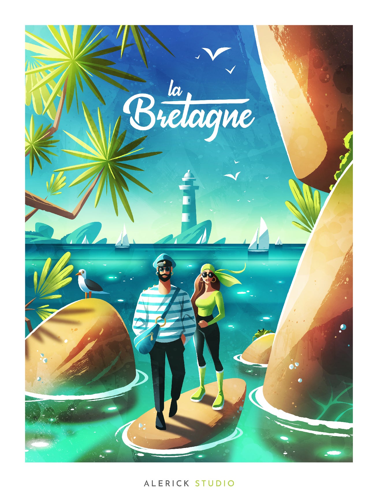 illustration dynamique et romantique met en scène un couple marchant sur des rochers en bord de mer, en Bretagne. Le décor est lumineux et paradisiaque : mer turquoise, palmiers, mouettes, voiliers à l’horizon, et un phare emblématique au loin. Le ciel est bleu intense, baigné de lumière, renforçant l’ambiance estivale.