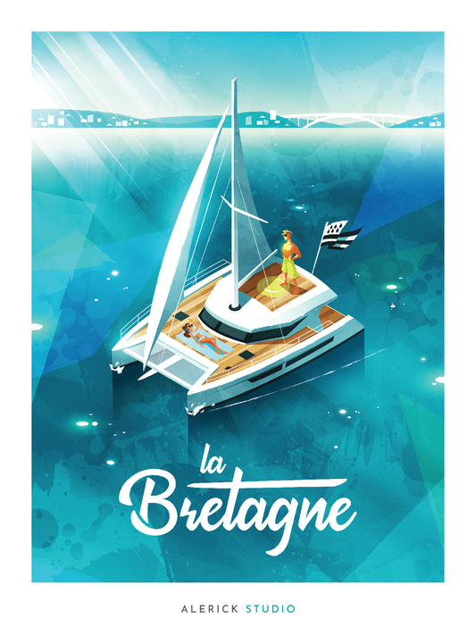 Cette affiche vintage illustre un élégant catamaran blanc naviguant sur les eaux turquoise de Bretagne. Le style rétro années 50-60 utilise des couleurs vives et contrastées qui évoquent l'esprit maritime authentique de la région.
Le voilier avec ses voiles déployées et le drapeau breton flottant au vent capture parfaitement l'atmosphère de liberté des côtes bretonnes. La typographie cursive "la Bretagne" ajoute une touche d'élégance française classique. Une création d'Alerick Studio .