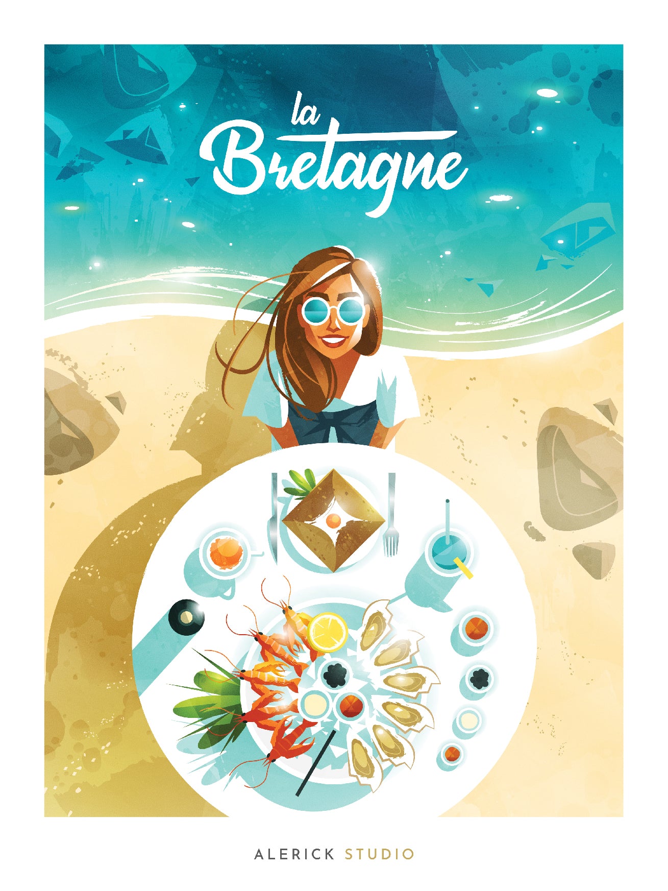 Affiche colorée et estivale représentant une scène de bord de mer en Bretagne. Une femme souriante portant des lunettes de soleil est assise à une table dressée sur le sable, face à un somptueux plateau de fruits de mer accompagné de boissons fraîches. L’arrière-plan montre une mer turquoise scintillante grâce aux reflets lumineux évoquant une journée ensoleillée. Signée Alerick STUDIO