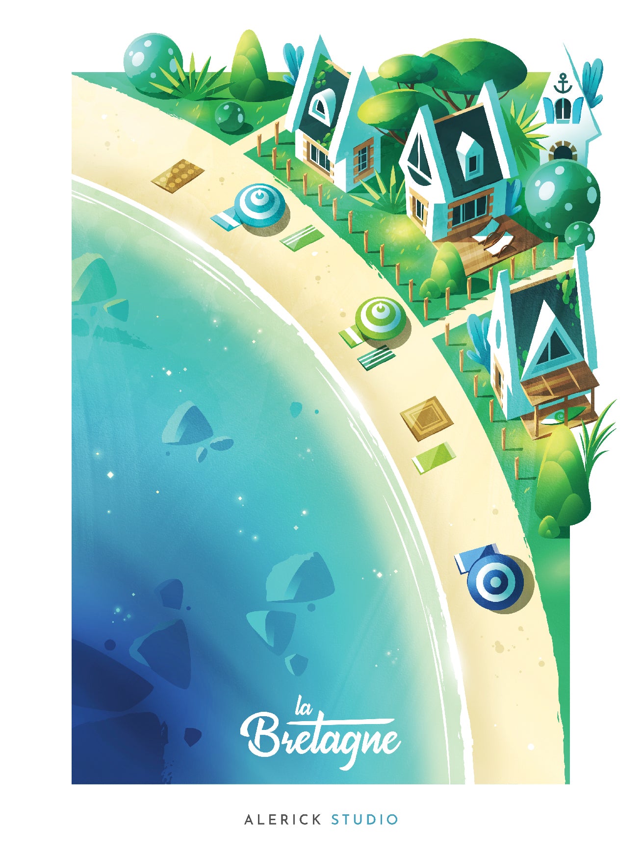 Affiche stylisée de la Bretagne par Alerick Studio : maisons côtières aux toits bleus, bord de mer turquoise, plage de sable fin et végétation luxuriante dans un style vibrant et coloré.
