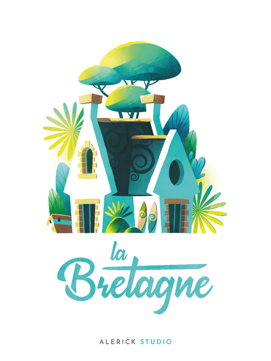 Charmante maison de vacances typiquement bretonne, stylisée avec des formes douces et des couleurs vives. Entourée de végétation  (palmiers, arbustes, grands arbres), la maison se distingue par son architecture bretonne stylisée avec des toits pointus, des fenêtres à volets et une ambiance accueillante. L’ensemble est baigné d’une lumière estivale, évoquant calme, nature et sérénité. En bas de l’image, le mot "la Bretagne" est inscrit. Signée Alerick STUDIO