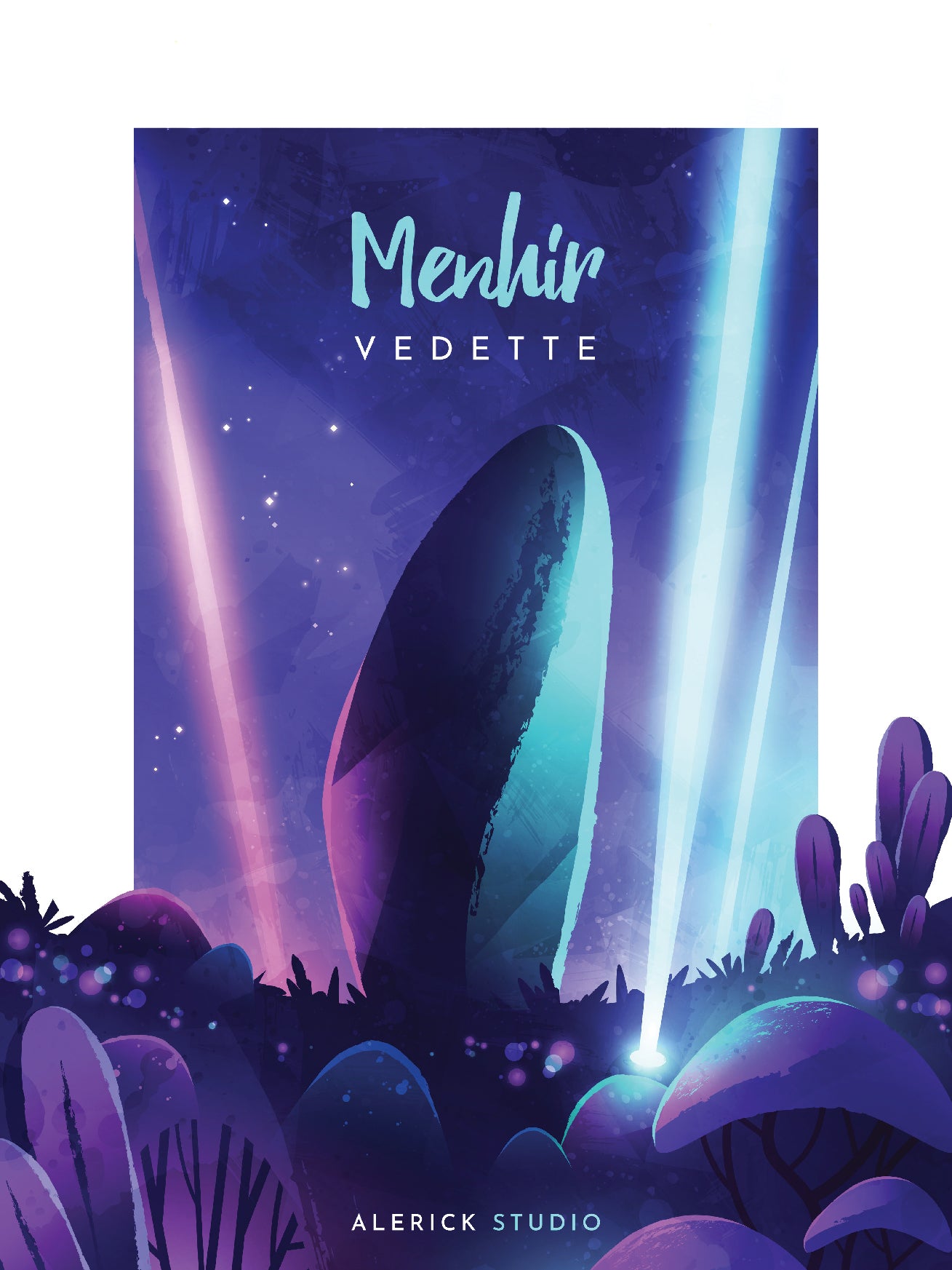 illustration signée Alerick Studio représentant un menhir majestueux mis en scène comme une véritable vedette. Baigné de lumières colorées — faisceaux turquoise, rose et violet — il semble surgir d’un paysage nocturne mystérieux, entouré de végétation stylisée. Le style graphique onirique confère à ce symbole breton ancestral une allure contemporaine. Une célébration visuelle du patrimoine mégalithique revisitée avec éclat et modernité.