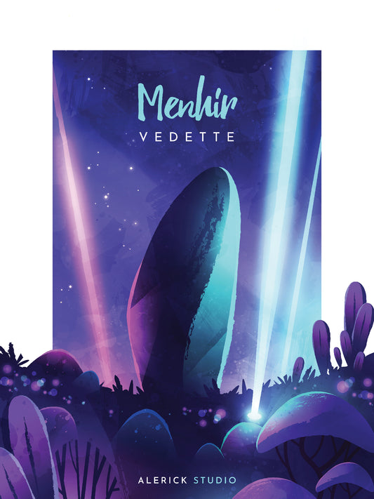 illustration signée Alerick Studio représentant un menhir majestueux mis en scène comme une véritable vedette. Baigné de lumières colorées — faisceaux turquoise, rose et violet — il semble surgir d’un paysage nocturne mystérieux, entouré de végétation stylisée. Le style graphique onirique confère à ce symbole breton ancestral une allure contemporaine. Une célébration visuelle du patrimoine mégalithique revisitée avec éclat et modernité.