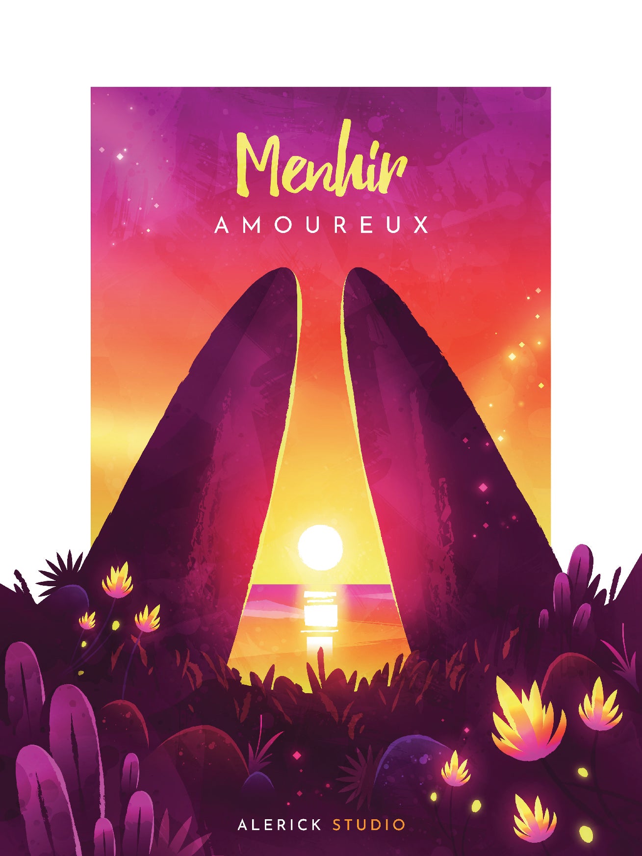 Cette illustration poétique et lumineuse représente deux menhirs majestueux dressés face à un coucher de soleil flamboyant, sur fond de ciel rose, orange et violet. Positionnés de manière à encadrer parfaitement le soleil à l’horizon, ces menhirs évoquent un symbole d’union et d’amour, renforcé par le titre "Menhir Amoureux" inscrit en haut de l’image. Des fleurs et plantes colorées ornent le bas de l’affiche, créant une ambiance romantique et mystérieuse. Signée ALERICK STUDIO.
