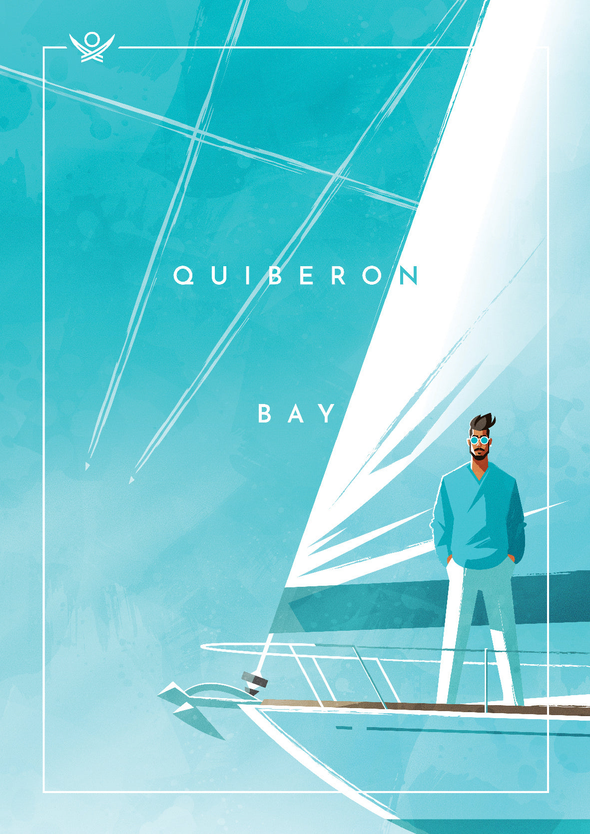 Carte postale moderne “Quiberon Bay” dans un style géométrique minimaliste aux tons turquoise et blanc. Marin barbu sur voilier avec grandes voiles blanches, composition épurée évoquant la navigation bretonne. Design contemporain aux lignes nettes célébrant l’art de vivre nautique en baie de Quiberon.