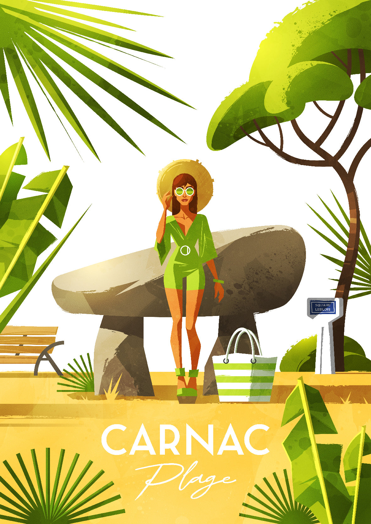 Illustration rétro de Carnac Plage montrant une femme en tenue verte années 70 posant près du Dolmen du Square Leblois, entourée de palmiers et de végétation, dans un style vintage aux tons verts et dorés.