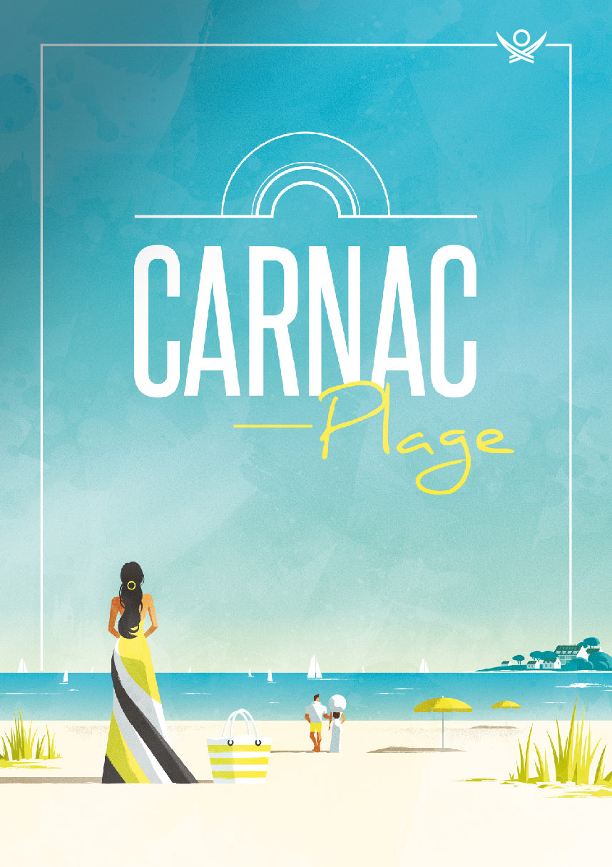 Illustration de la grande plage de Carnac montrant une femme en robe jaune sur la plage de sable blanc avec des vacanciers en arrière-plan, dans un style graphique moderne aux tons turquoise évoquant les vacances en Bretagne.