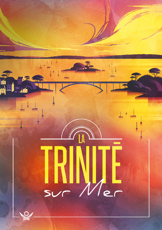 Illustration artistique de La Trinité-sur-Mer avec un paysage côtier stylisé aux couleurs chaudes, montrant le pont de Kerisper, le village et les bateaux dans un style graphique moderne dégradé rose-jaune.