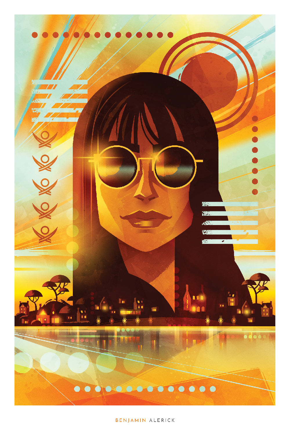 Illustration artistique stylisée d’une femme aux lunettes dorées dans un style rétro-futuriste. pop art années 70-80. Composition vibrante mêlant éléments modernes et ambiance nostalgique. Portrait aux tons chauds orange et rouge avec arrière-plan géométrique coloré, silhouette urbaine et esthétique