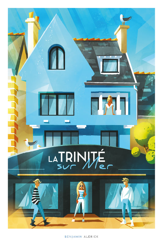 Illustration colorée d’une maison bleue de bord de mer à La Trinité sur Mer. Scène côtière bretonne stylisée avec personnages devant la maison, architecture typique aux tons bleus et turquoise, signée Benjamin Alerick. Style artistique moderne représentant l’ambiance maritime bretonne.