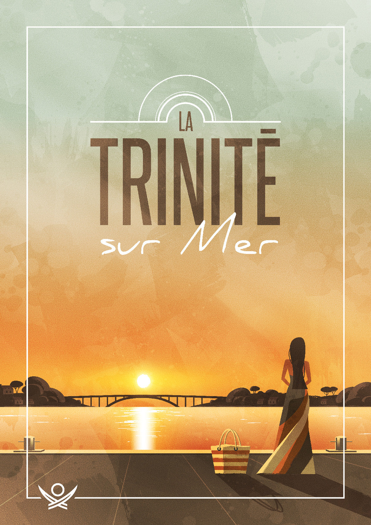 carte postale touristique vintage de La Trinité-sur-Mer avec levé de soleil romantique sur l’eau. Silhouette féminine sur un ponton face au pont de Kerisper avec des reflets dorés et une palette de couleurs chaudes orange-jaune. Style rétro élégant, signé Benjamin Alerick évoquant les destinations balnéaires bretonnes.