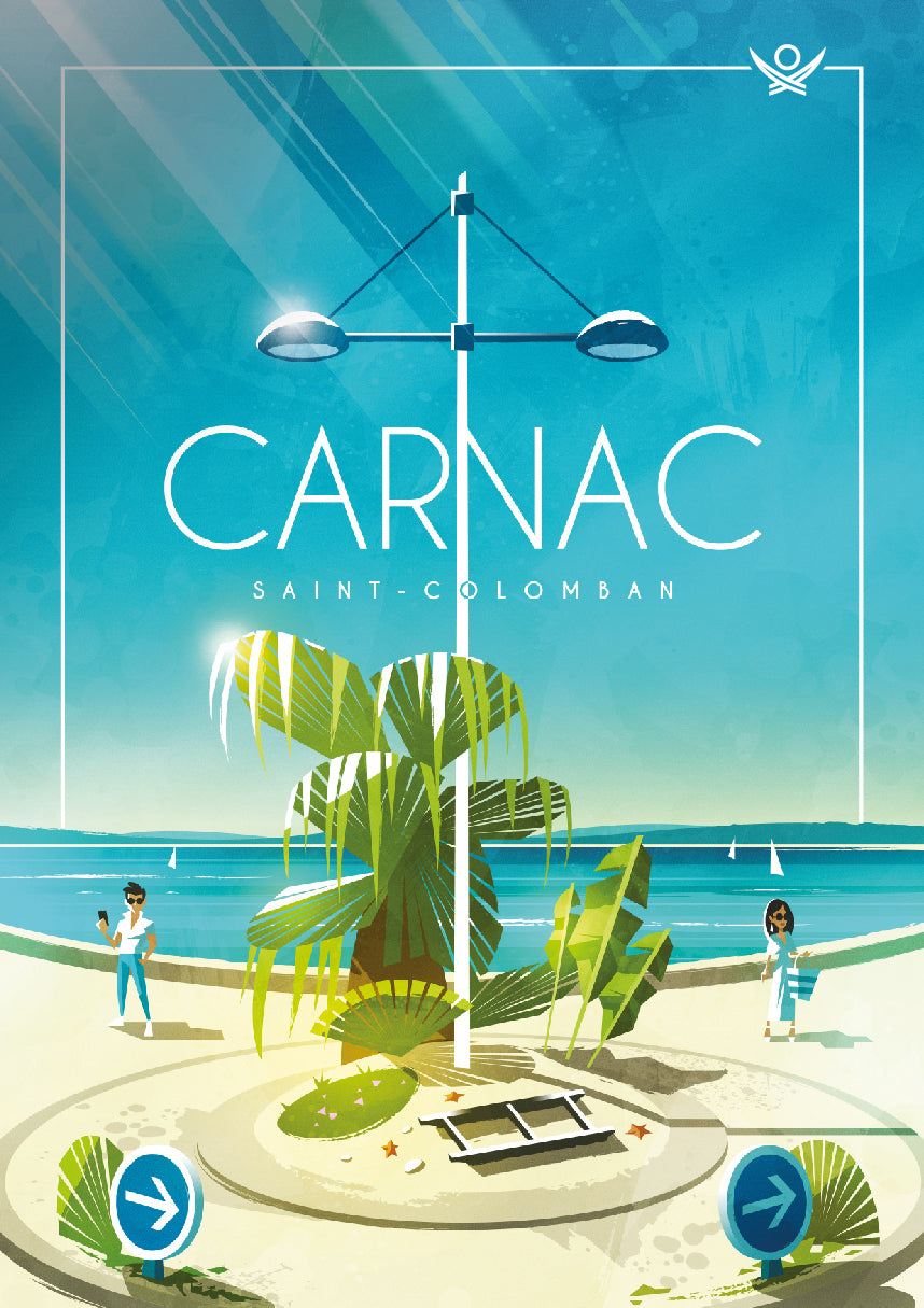 Illustration de Carnac Saint-Colomban avec un rond-point tropical au palmier central, entouré de plages turquoise et de vacanciers, dans un style graphique moderne évoquant une ambiance chaleureuse en Bretagne.