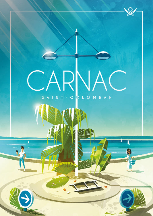 Illustration de Carnac Saint-Colomban avec un rond-point tropical au palmier central, entouré de plages turquoise et de vacanciers, dans un style graphique moderne évoquant une ambiance chaleureuse en Bretagne.